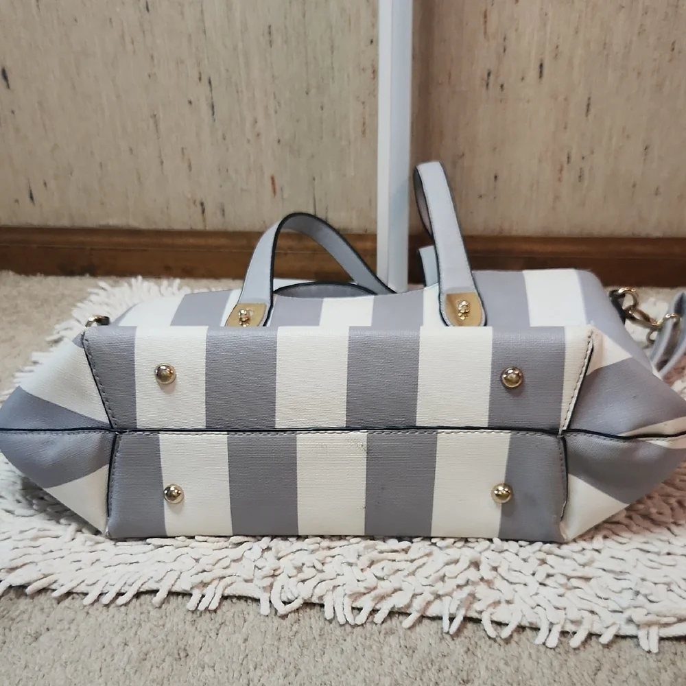 Gray and White Striped Tote with Gold Accents - Picture 2 of 5